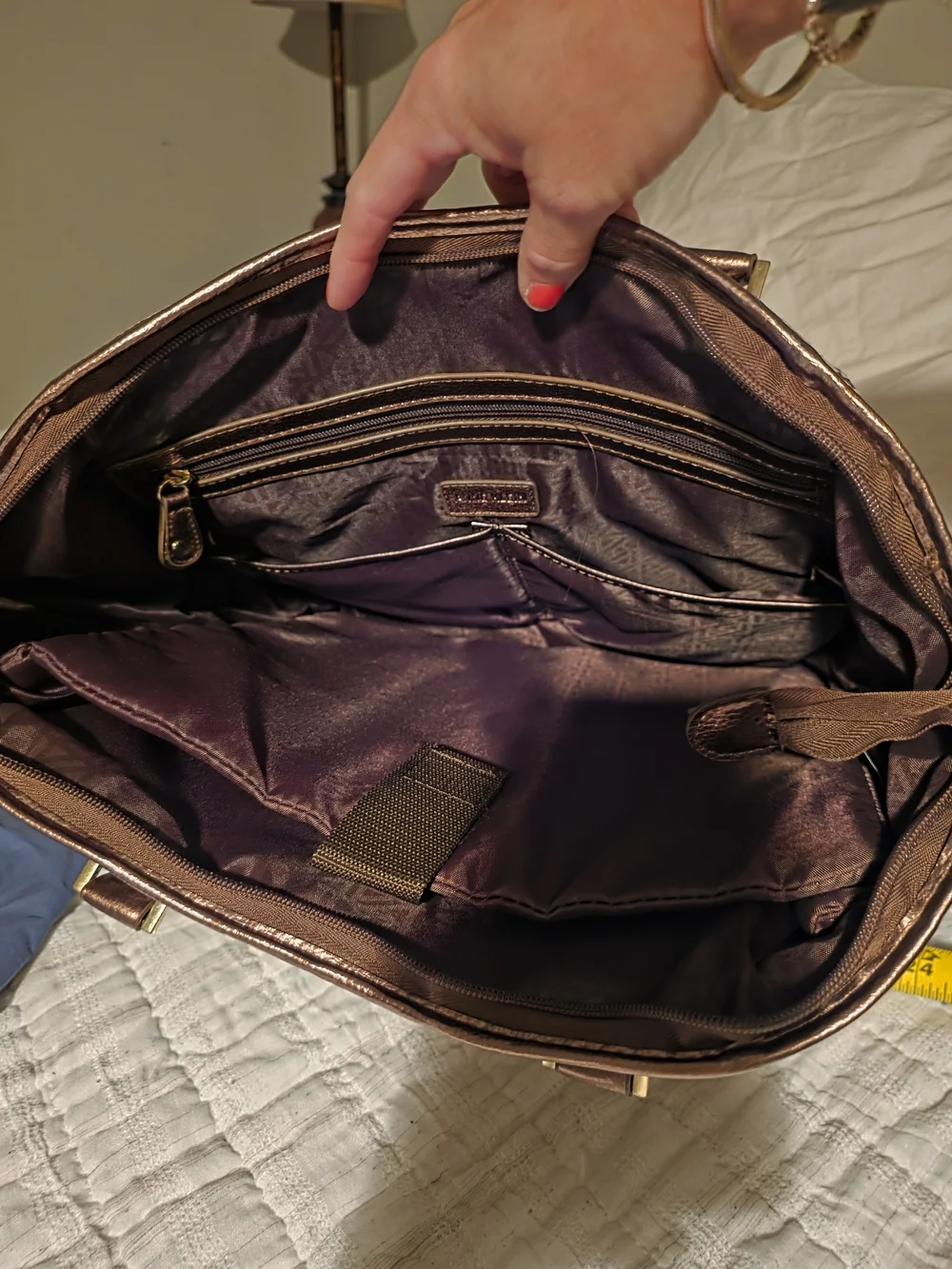 Anne Klein Brown Patterned Laptop Tote with Metallic Trim